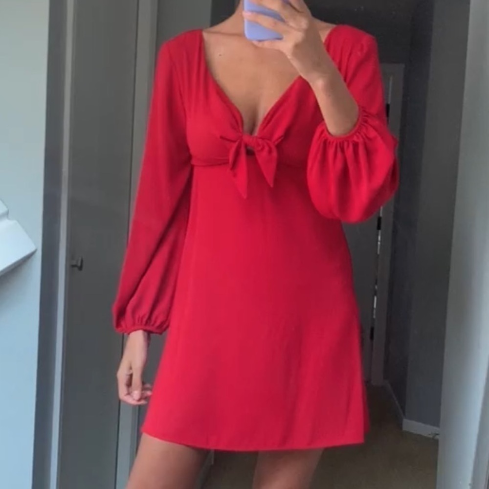 Amanda Uprichard Chyler Tie-Front Mini Dress Long Sleeve Cherry Red Size XS